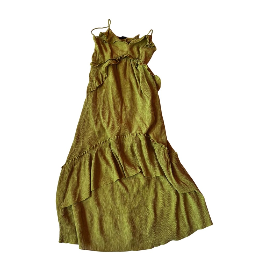 Max + Ash Chartreuse Green Crinkle Ruffle High Low Midi Dress Large